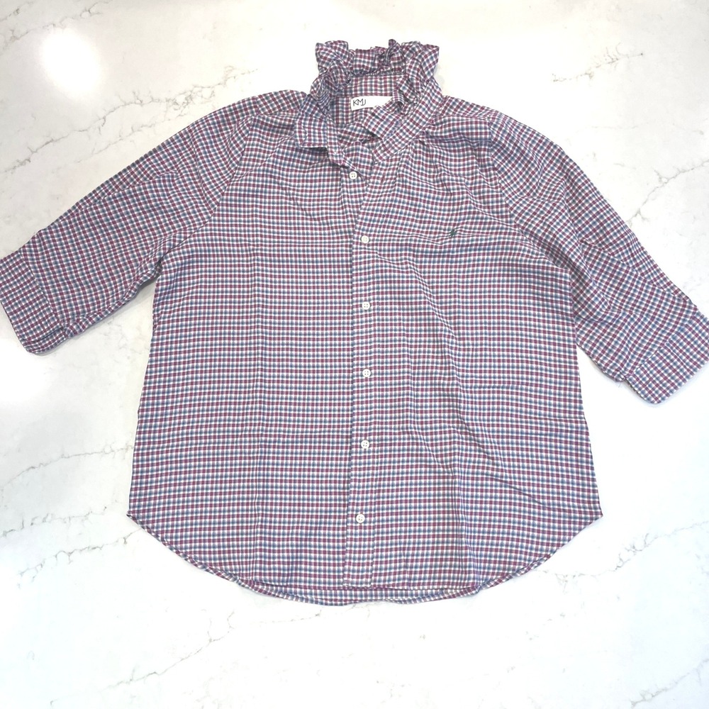 KMJ Kate McHale‎ Jensen Button Down Shirt XL Plaid Ruffle Collar 3/4 Sleeve Pony